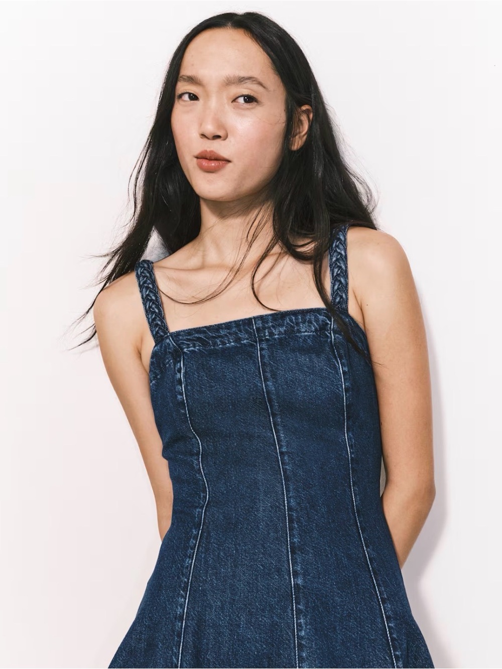 H&M Denim Blue Flared Mini Dress With braided straps Jean - Picture 4 of 8